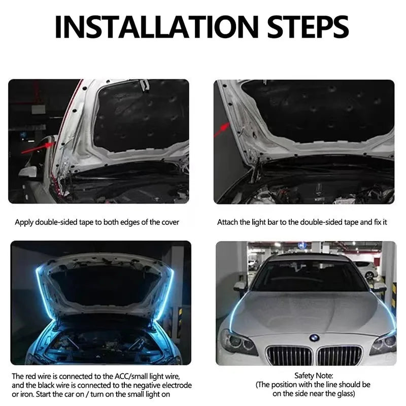 1Pc Dynamic Meteor Led Car Hood Lights Strip Universal Engine Hood Guide Decorative Light Bar Auto Headlights Car Running Light